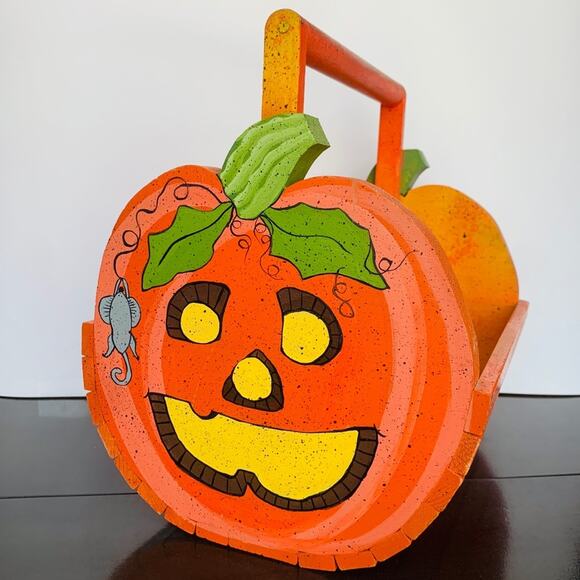 Vintage Wood Jack-o’-lantern Pumpkin Basket - Picture 1 of 11